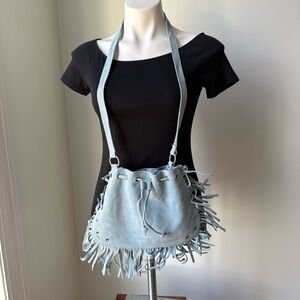 NWT, Vintage No Boundaries Blue Suede Fringe Trim Western Drawstring Crossbody